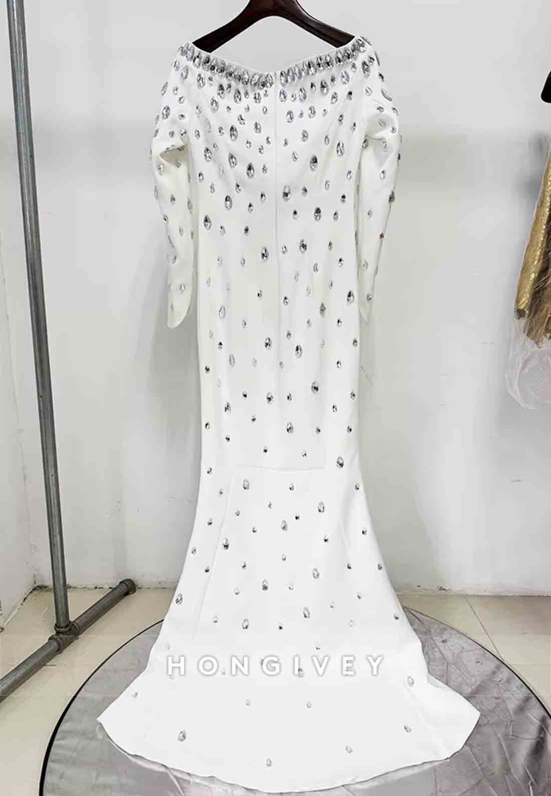 Off the Shoulder Floor-Length Long Sleeves Mermaid Evening Gowns with Rhinestone