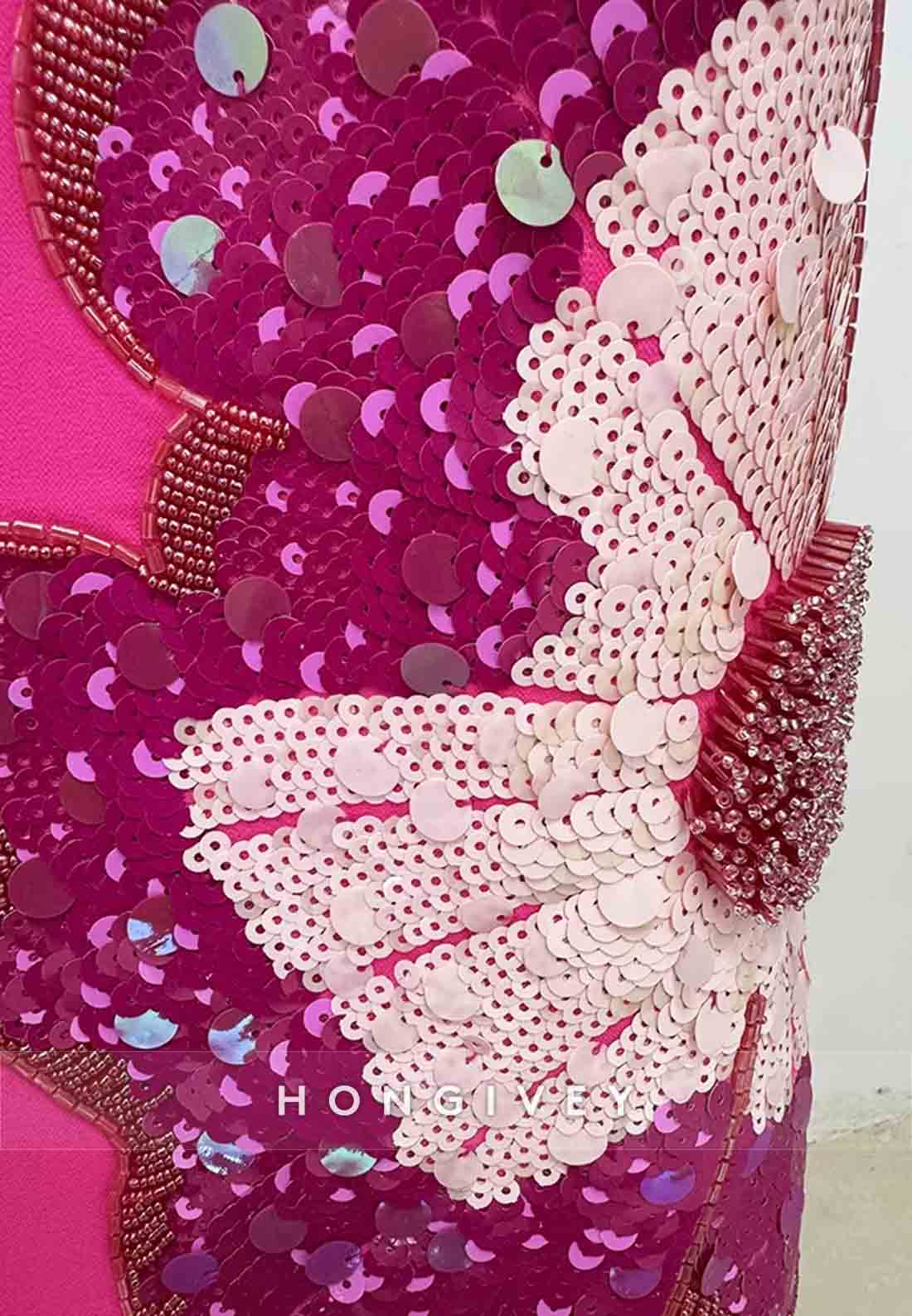 Floral Column Short Sleeves Cocktail Dresses Fuchsia Wedding Guest Dress