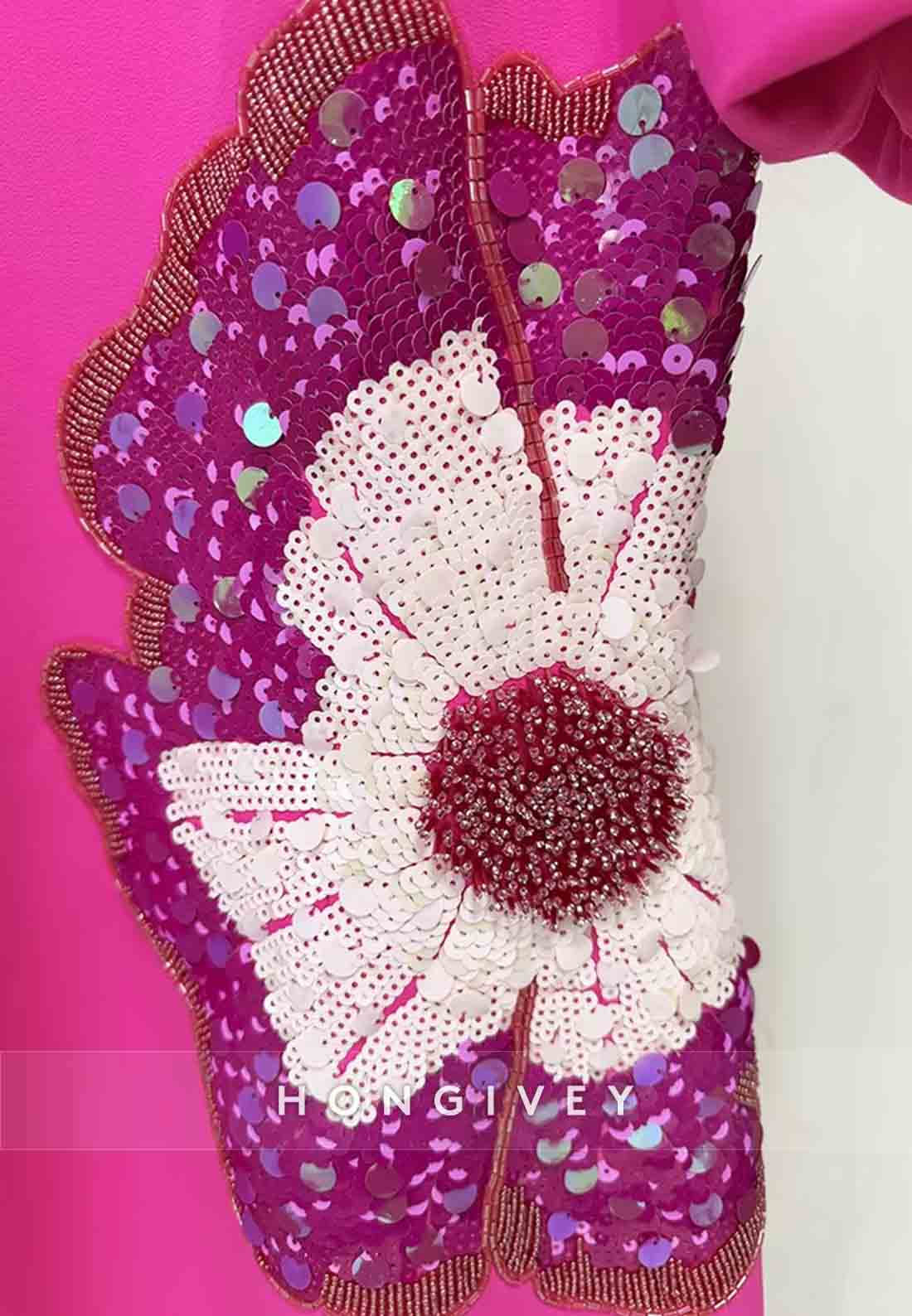 Floral Column Short Sleeves Cocktail Dresses Fuchsia Wedding Guest Dress