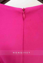 Floral Column Short Sleeves Cocktail Dresses Fuchsia Wedding Guest Dress