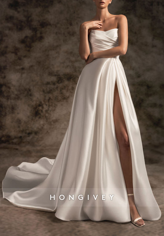 High Slit Simple Sweetheart Empire Pleated Low Back Wedding Dresses