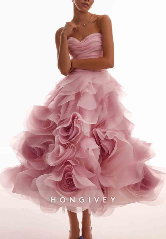 Ruffles Strapless Sweetheart Party Dresses Crisscross Back Sleeveless Princess Evening Gowns