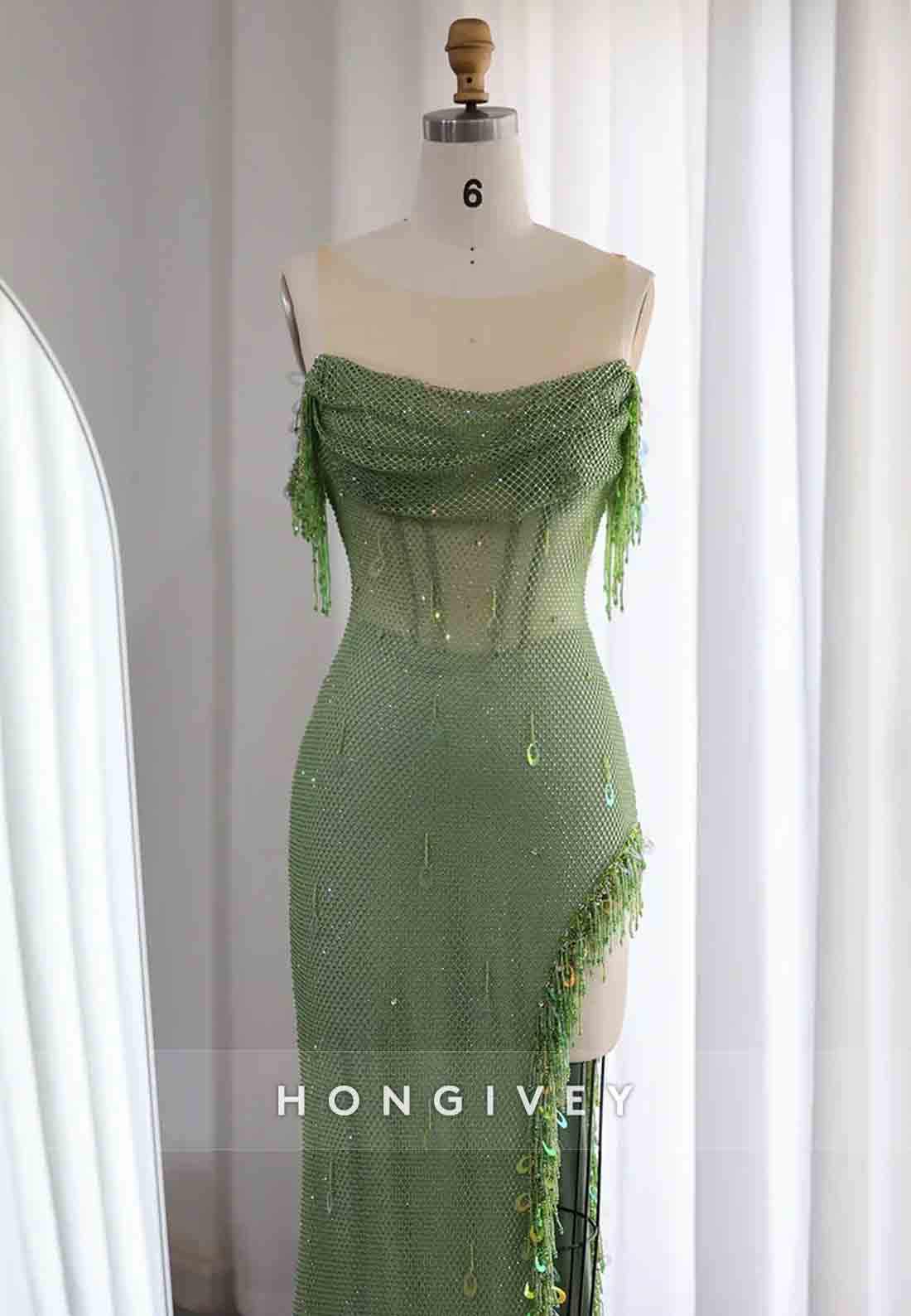 Off the Shoulder Glitter Floor-Length Tassel Prom Dresses with Side Slit