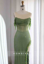 Off the Shoulder Glitter Floor-Length Tassel Prom Dresses with Side Slit