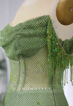 Off the Shoulder Glitter Floor-Length Tassel Prom Dresses with Side Slit