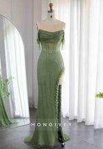 Off the Shoulder Glitter Floor-Length Tassel Prom Dresses with Side Slit