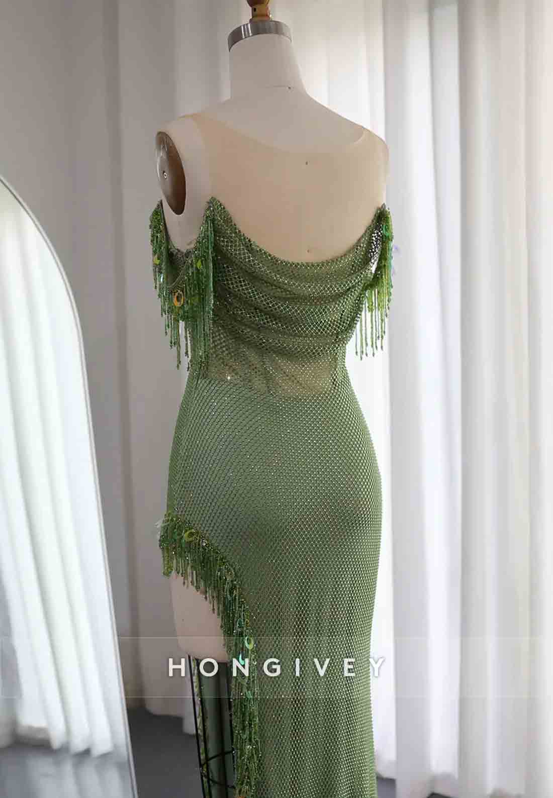 Off the Shoulder Glitter Floor-Length Tassel Prom Dresses with Side Slit