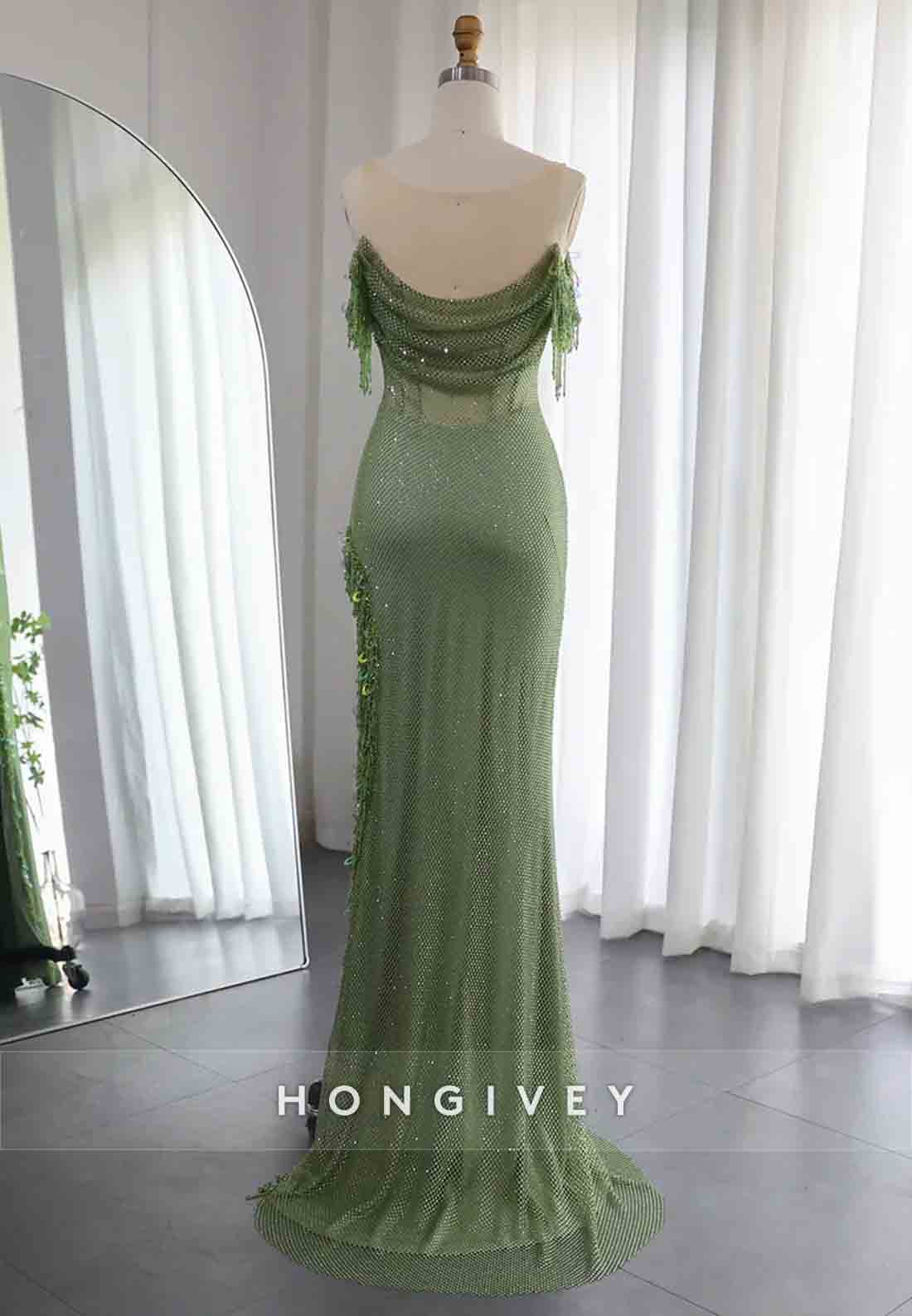 Off the Shoulder Glitter Floor-Length Tassel Prom Dresses with Side Slit