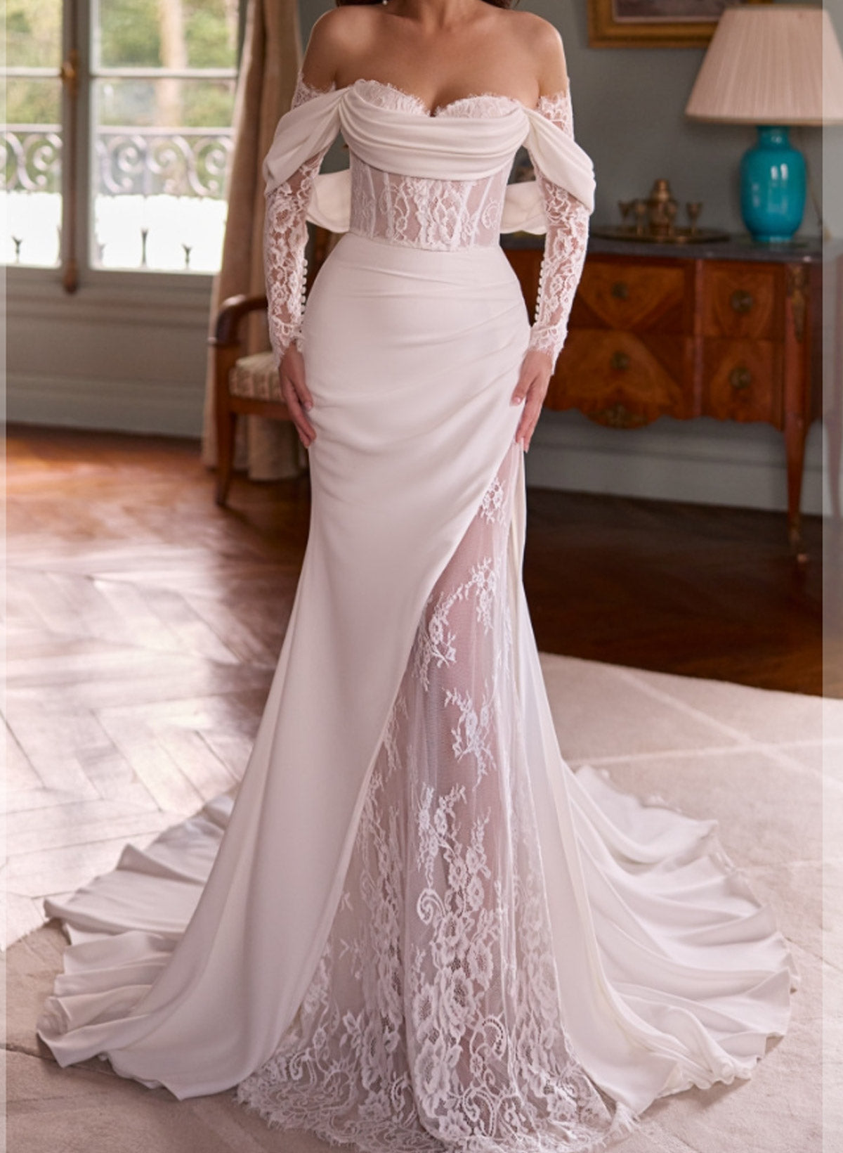 Elegant Off the Shoulder Lace Long Sleeve Mermaid Floor-Length Wedding Dress