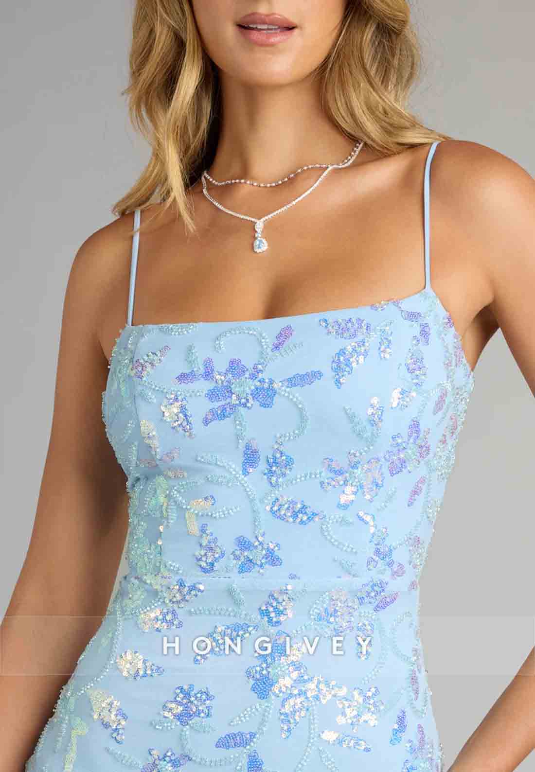 Spaghetti Straps Tie Back Dripping in Sparkle Sequin Beaded Mini Homecoming Dress