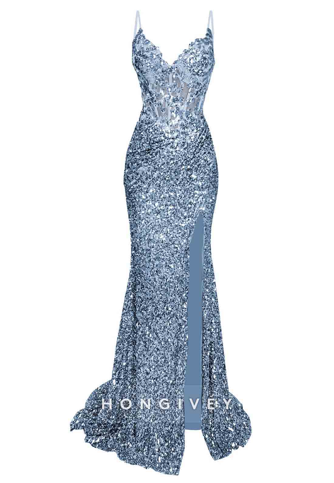 Sparkly Sequin V Neck Spaghtti Straps Side Slit Mermaid Long Prom Dresses