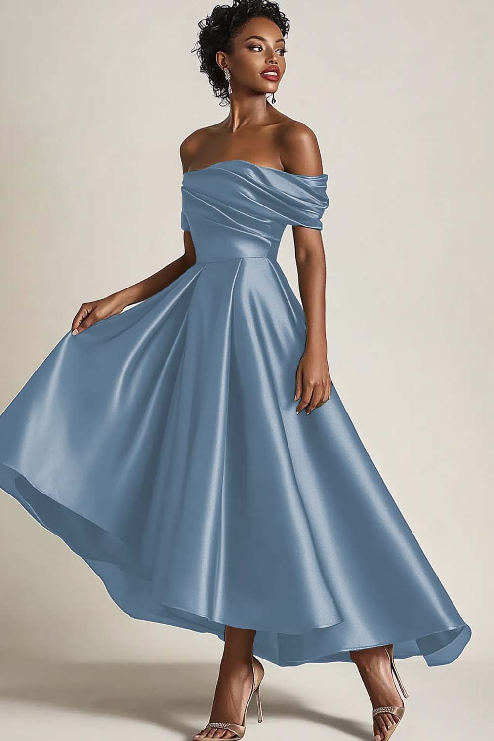 Olive A-Line Off the Shoulder Ruched Satin Long Mother of the Bride Dress