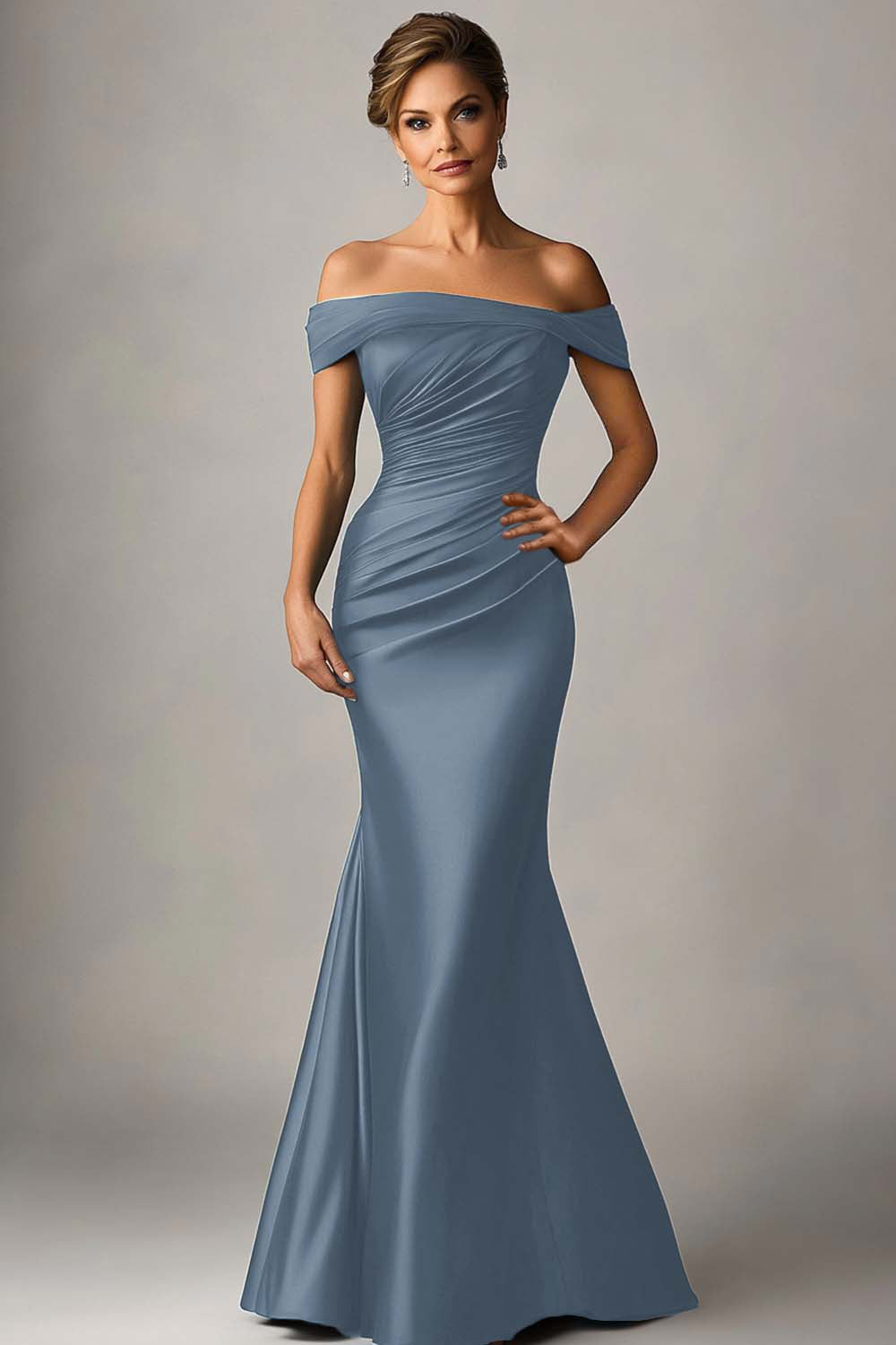 Peacock Blue Satin Mermaid Off The Shoulder Ruched Long Formal Dress