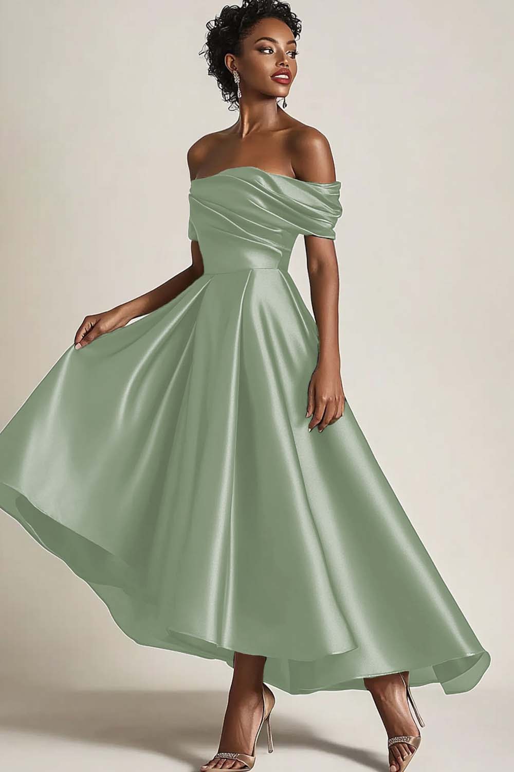 Olive A-Line Off the Shoulder Ruched Satin Long Mother of the Bride Dress