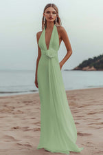 White A Line Deep V-Neck Long Engagement Dress with 3D Flower