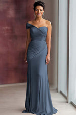 Light Khaki Sheath Jersey One Shoulder Pleated Long Gala Dress