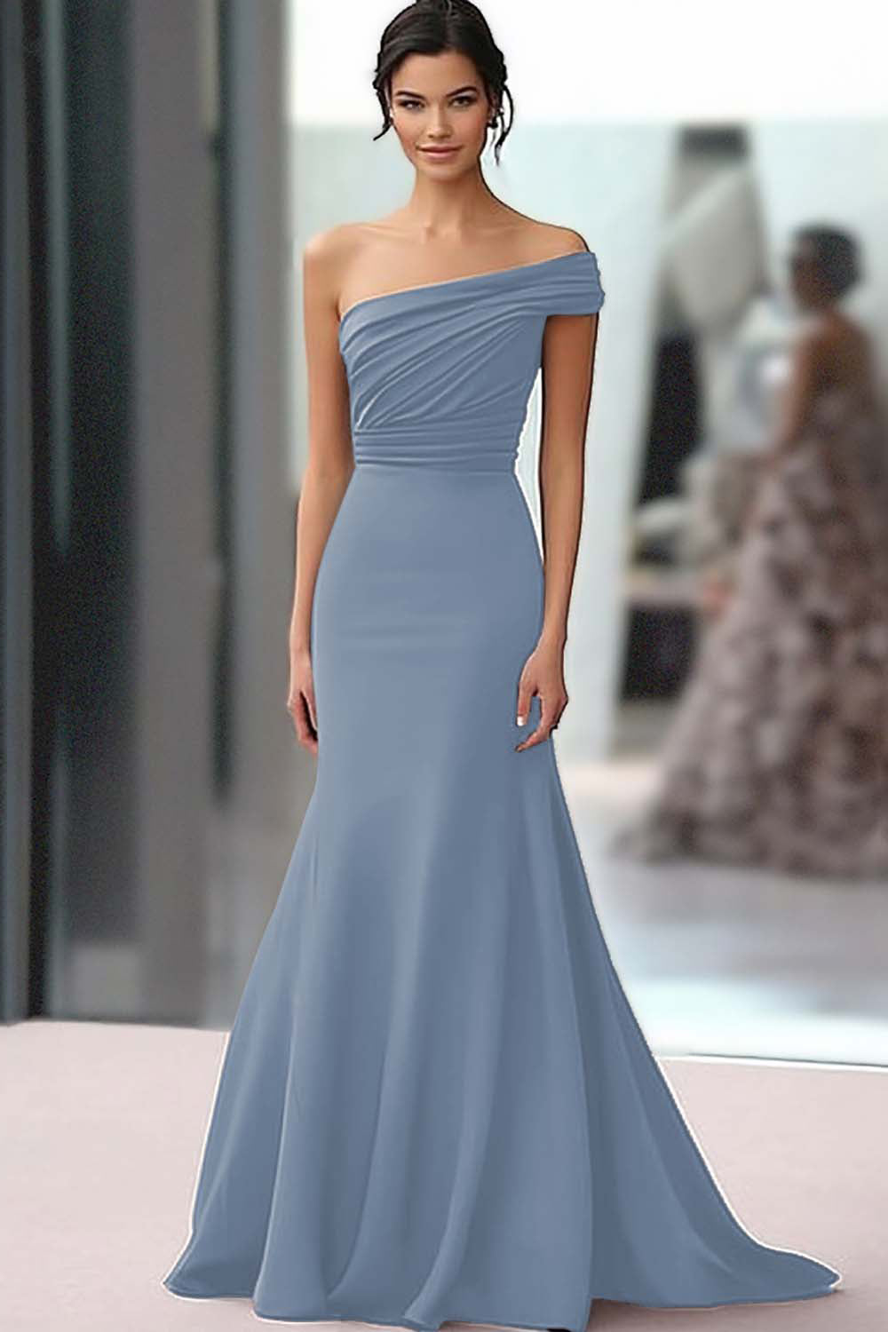 Coffee One Shoulder Crepe Mermaid Long Ruched Gala Dress