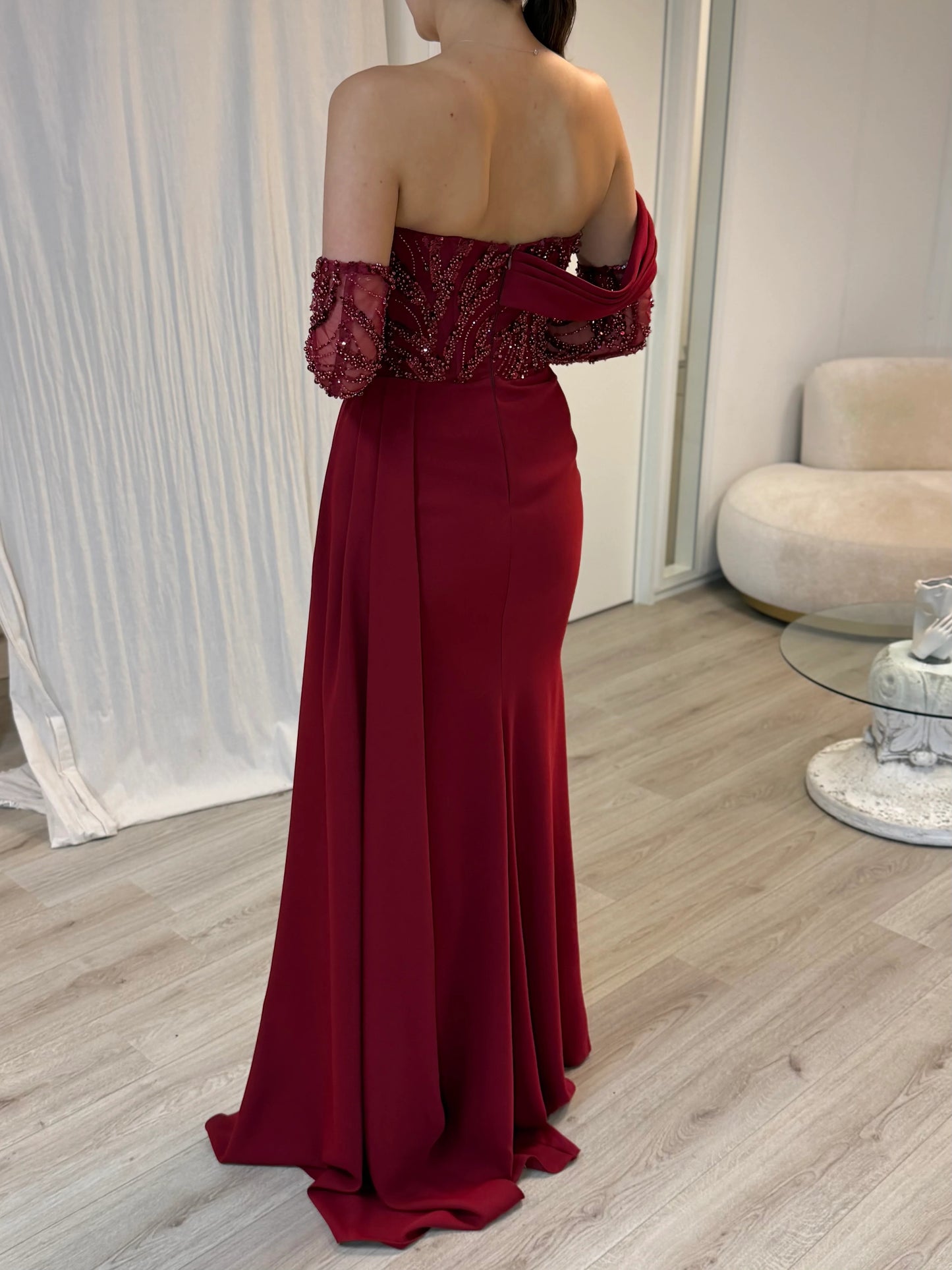 One Shoulder Detachable Long Sleeve Beaded Sequins Mermaid Evening Dress