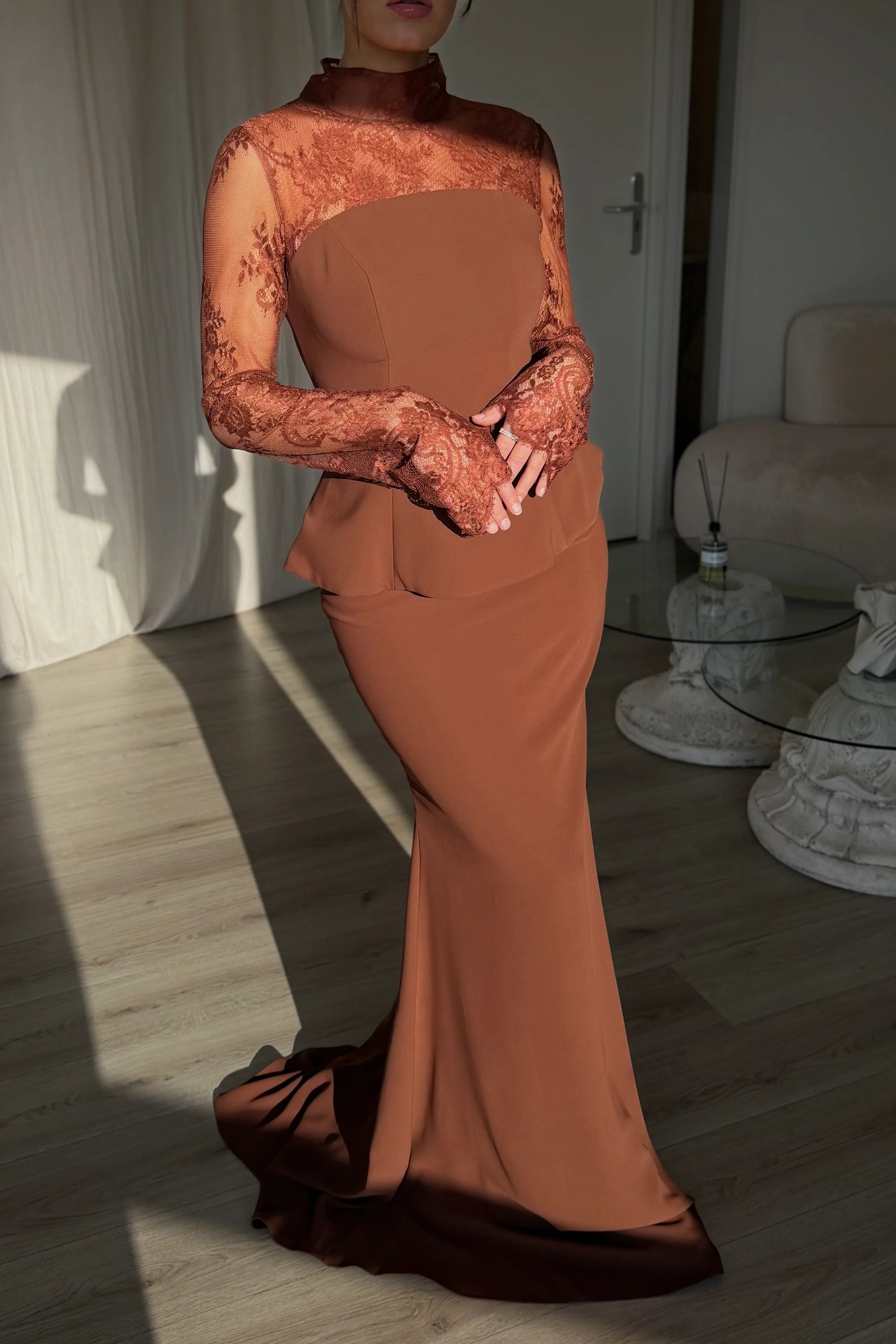 Lace High Neck Long Sleeve Mermaid Floor-Length Floraml Women Evening Dress