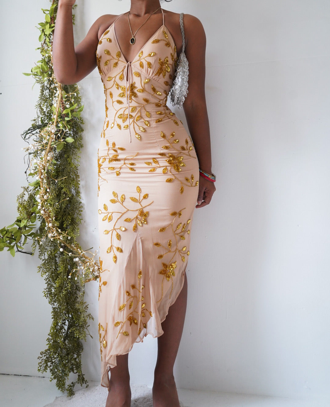 Vintage Gold Silk Floral Beaded Halter Dress
