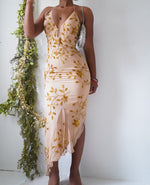 Vintage Gold Silk Floral Beaded Halter Dress