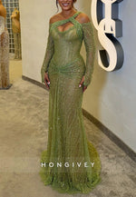 One Shoulder Long Sleeves Glitter Pleated Floor-Length Mermaid Evening Gowns