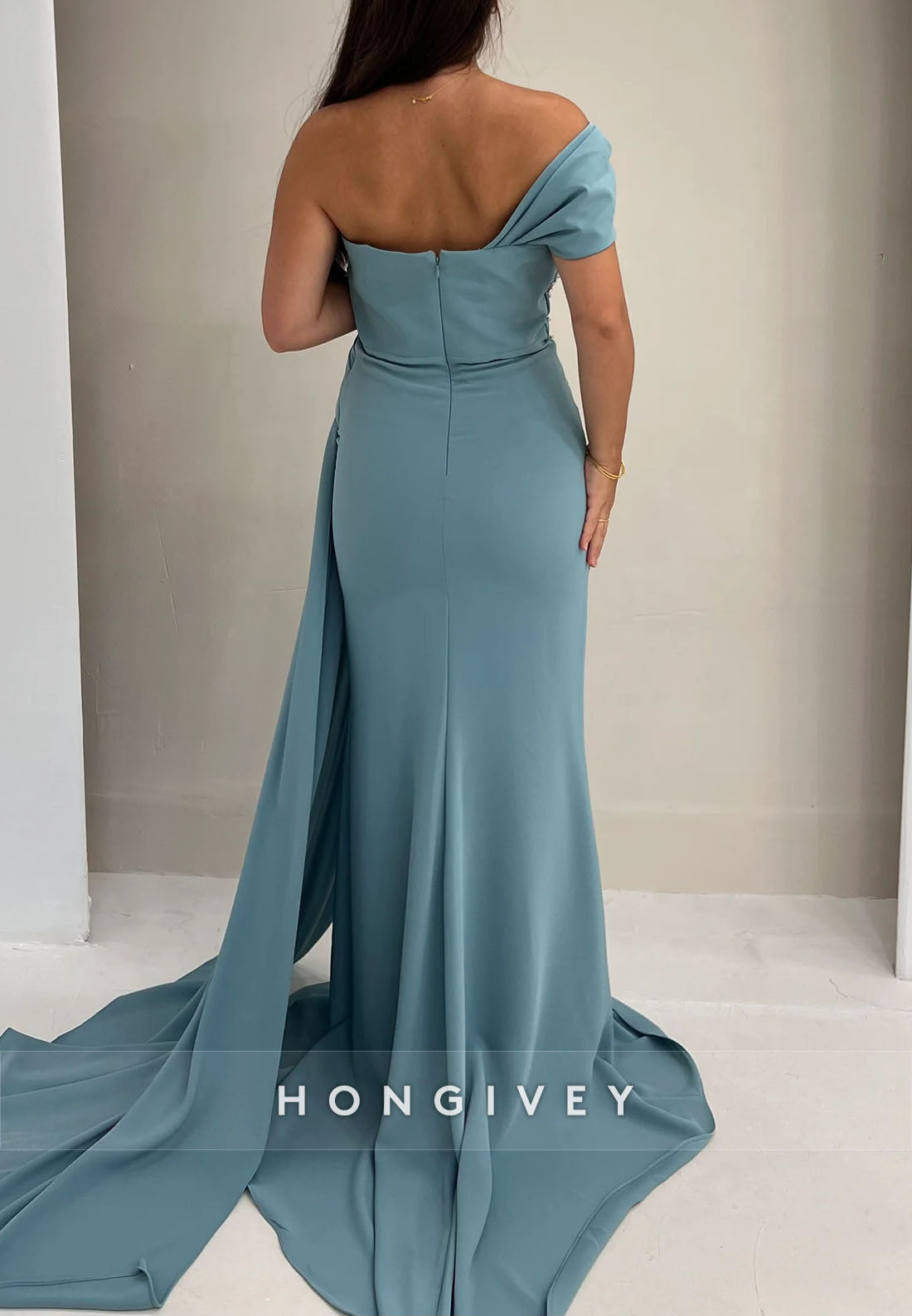 Blue Off the Shoulder Floor-Length Side Draping Evening Gowns with Slit