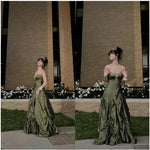 Pretty Forest Green A-Line Long Prom Dresses With Silver Beads Sweet Strapless Satin Evening Dresses