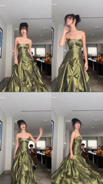 Pretty Forest Green A-Line Long Prom Dresses With Silver Beads Sweet Strapless Satin Evening Dresses