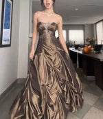 Pretty Forest Green A-Line Long Prom Dresses With Silver Beads Sweet Strapless Satin Evening Dresses