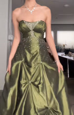 Pretty Forest Green A-Line Long Prom Dresses With Silver Beads Sweet Strapless Satin Evening Dresses