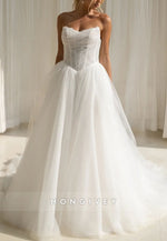 Simple A-Line Tulle Court Train Sleeveless Empire Wedding Dresses