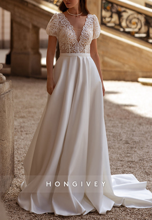 Short Sleeves V-Neck Scalloped Neck A-Line Satin Pleated Court Train Wedding Dresses