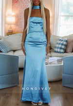 Elegant Strapless Maxi Dresses Trumpet Pleated Prom Dress with Neck Scarf