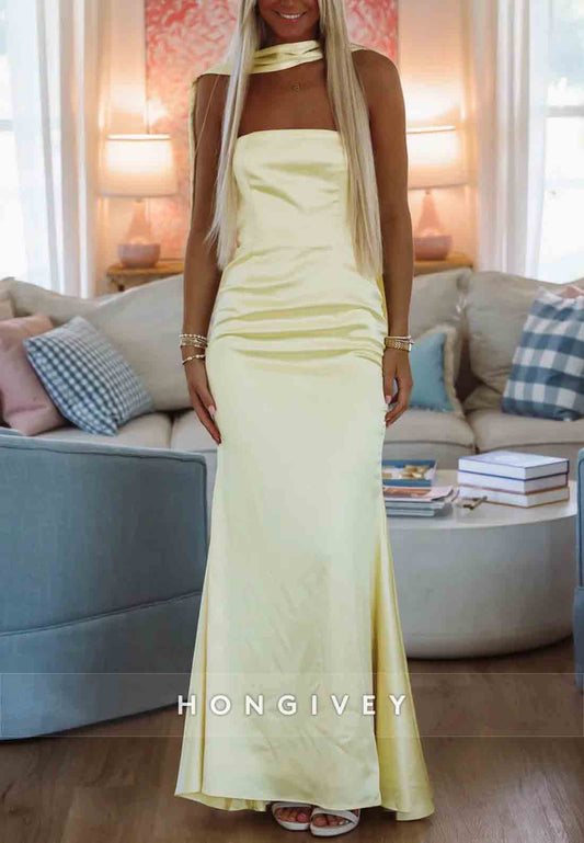 Elegant Strapless Maxi Dresses Trumpet Pleated Prom Dress with Neck Scarf