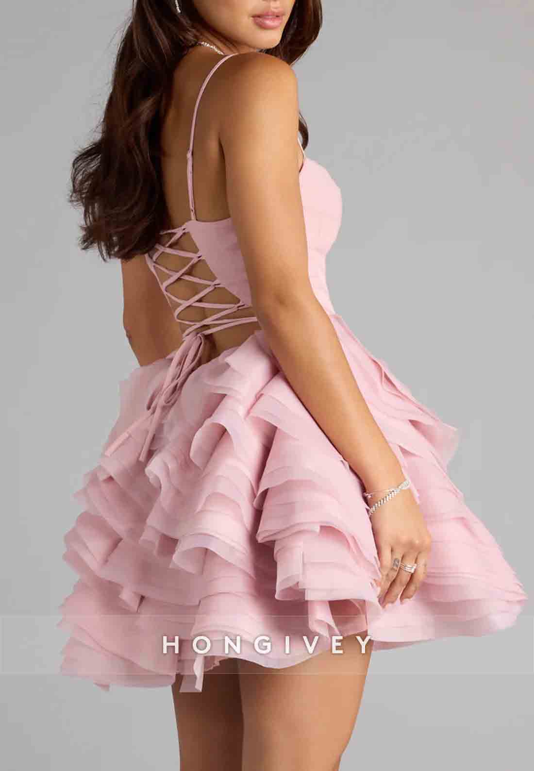 Pink Spaghetti Straps Lace-Up Layered Skater Mini Homecoming Dress