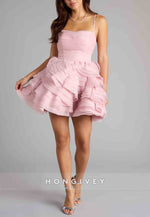 Pink Spaghetti Straps Lace-Up Layered Skater Mini Homecoming Dress