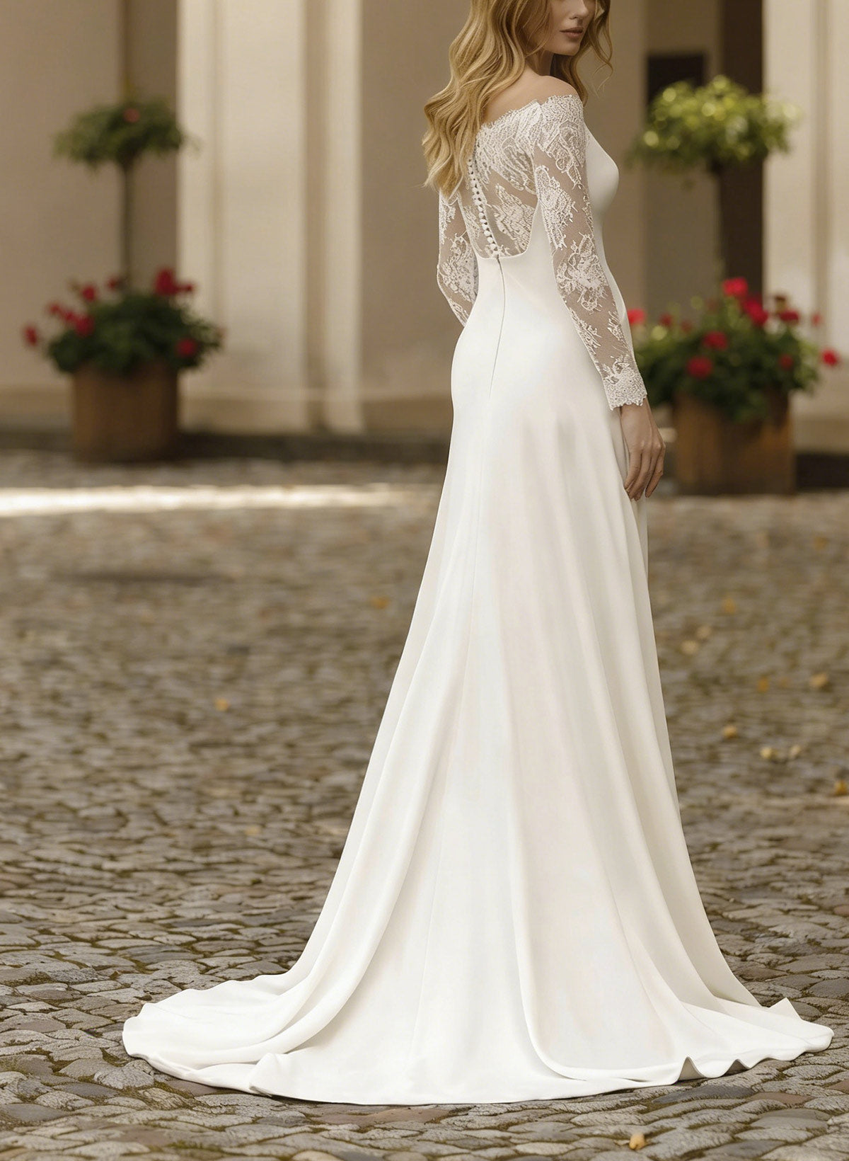 A-Line Off-The-Shoulder Long Sleeves Sweep Train Elastic Satin Wedding Dresses With Appliques