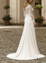 A-Line Off-The-Shoulder Long Sleeves Sweep Train Elastic Satin Wedding Dresses With Appliques