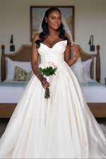Elegant Long Ball Gown Ivory V-neck Sleeveless Satin Wedding Dress