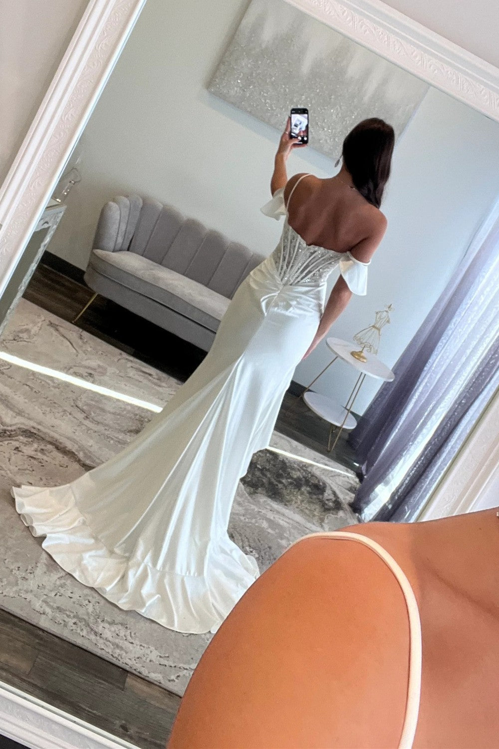 Elegant Ivory Lace Off The Shoulder Wedding Dress With Corset Bodice And High Slit Bridal Gown