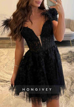 A-Line Low V-Neck Off the Shoulder Black Short Homecoming Dress with Feather