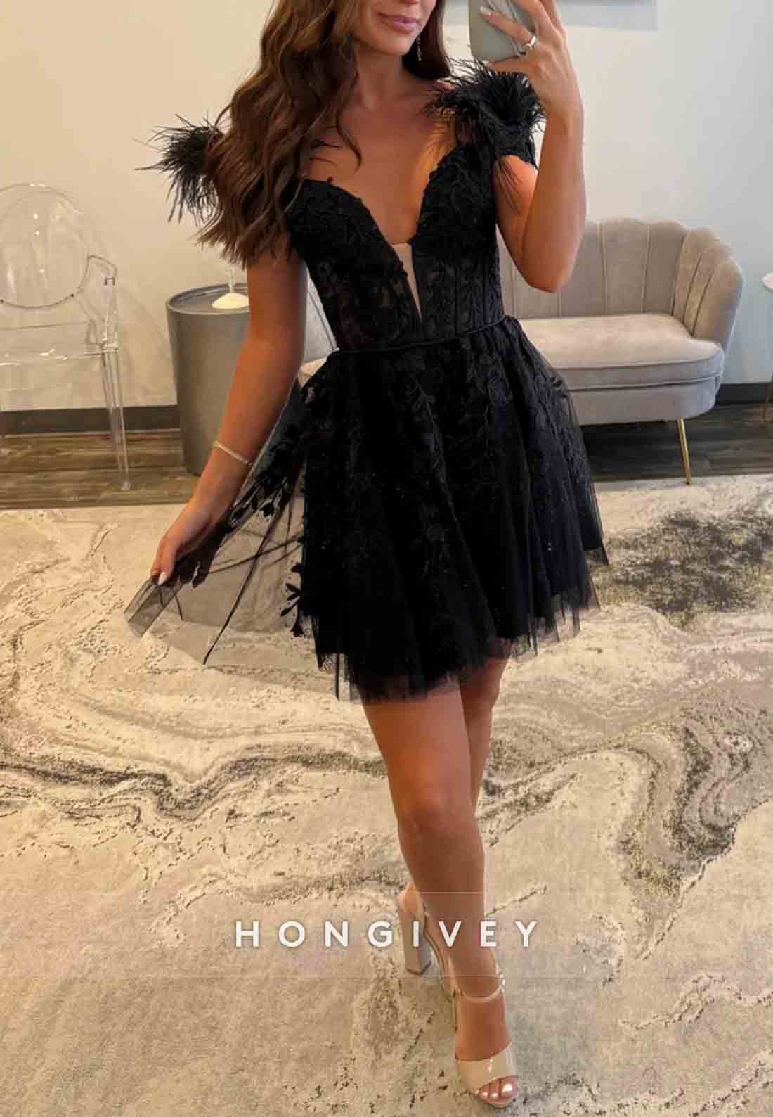 A-Line Low V-Neck Off the Shoulder Black Short Homecoming Dress with Feather