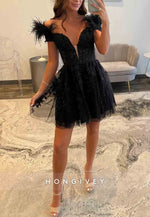 A-Line Low V-Neck Off the Shoulder Black Short Homecoming Dress with Feather