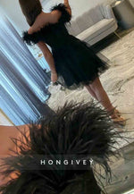 A-Line Low V-Neck Off the Shoulder Black Short Homecoming Dress with Feather