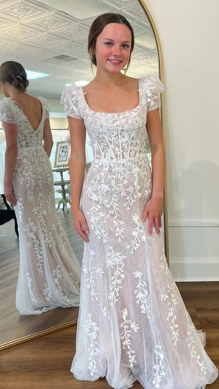 Elegant Appliques Beaded Mermaid Prom Dresses V-Neck Evening Party Dress