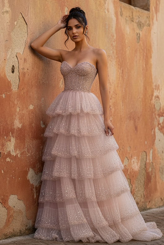 Elegant Blush Pink Sweethear Lace Up Tiered Tulle Prom Dress with Sparkle