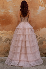 Elegant Blush Pink Sweethear Lace Up Tiered Tulle Prom Dress with Sparkle