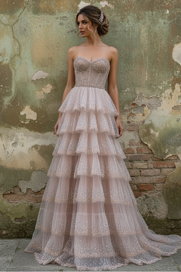 Elegant Blush Pink Sweethear Lace Up Tiered Tulle Prom Dress with Sparkle