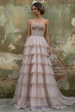 Elegant Blush Pink Sweethear Lace Up Tiered Tulle Prom Dress with Sparkle
